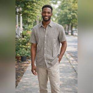 Axcess Mens L Linen Cotton Blend Striped Button Front Short Sleeve Shirt Casual